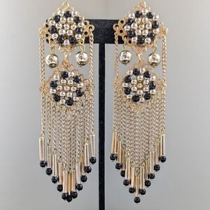 Long Elegant Gold and Black Dangle Earrings